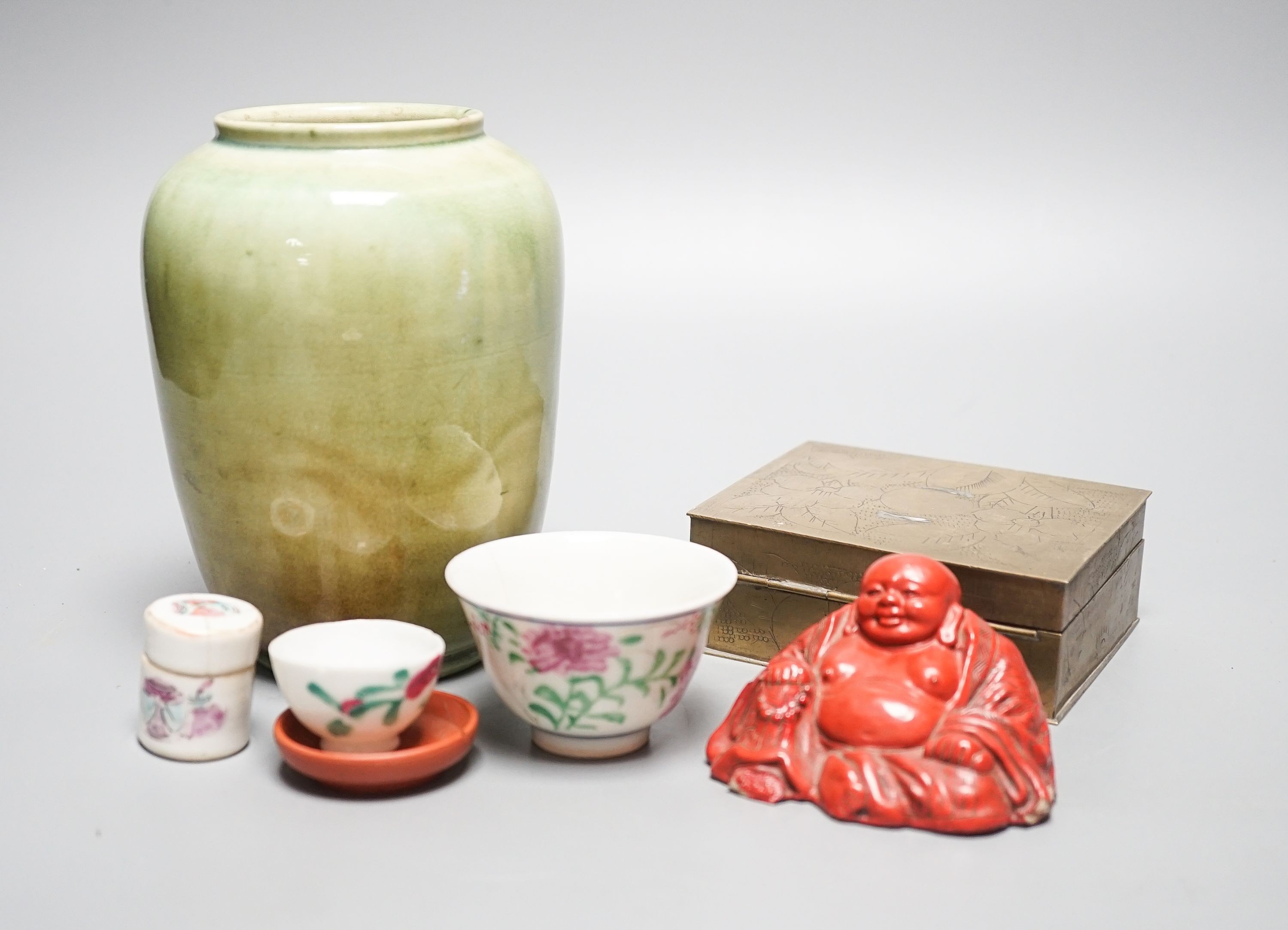 Assorted Chinese ceramics, a lacquered composition figure of Budai and a brass box, 10.3cm